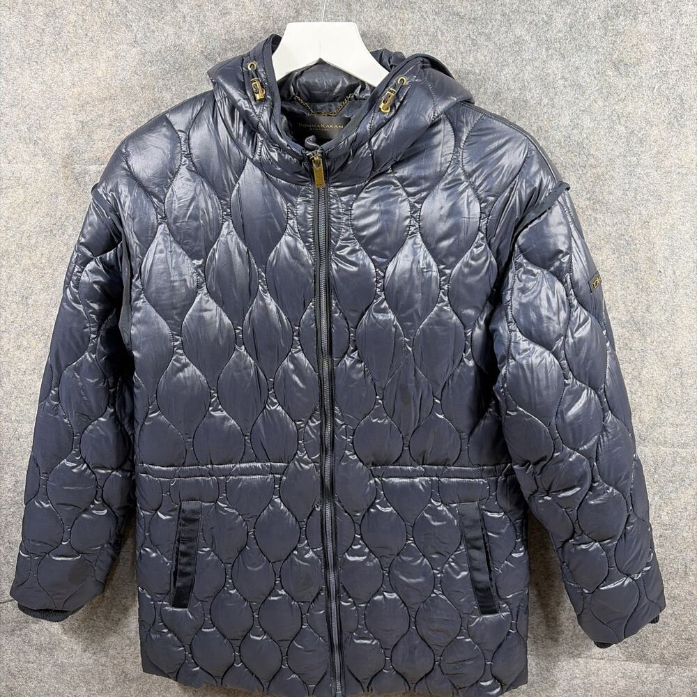 Women’s Donna Karan $350 Hooded Zip Front Quilted Navy Blue Jacket Size Medium